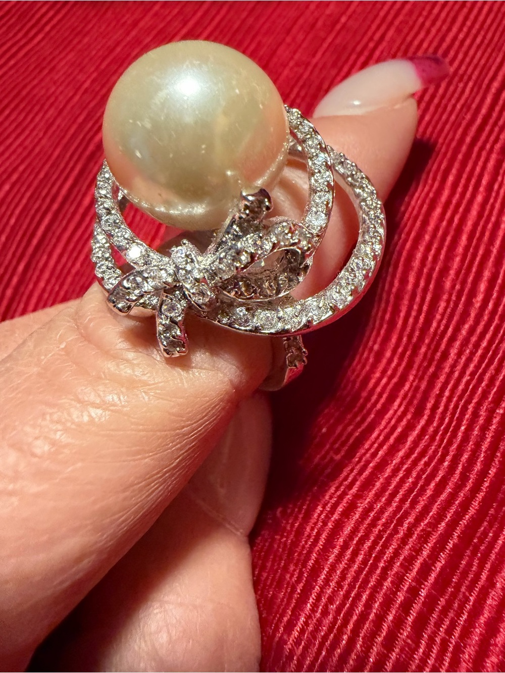 Park Lane Pearl Crystal Bow Statement Ring Size 8